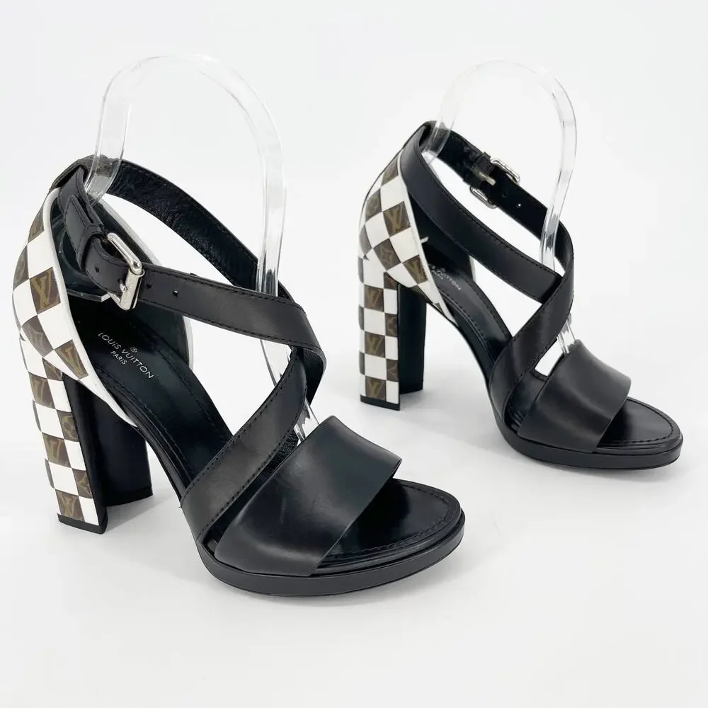 Louis Vuitton Black Monogram Damier Tressage Matchmake Check Heel Sandals EU 37